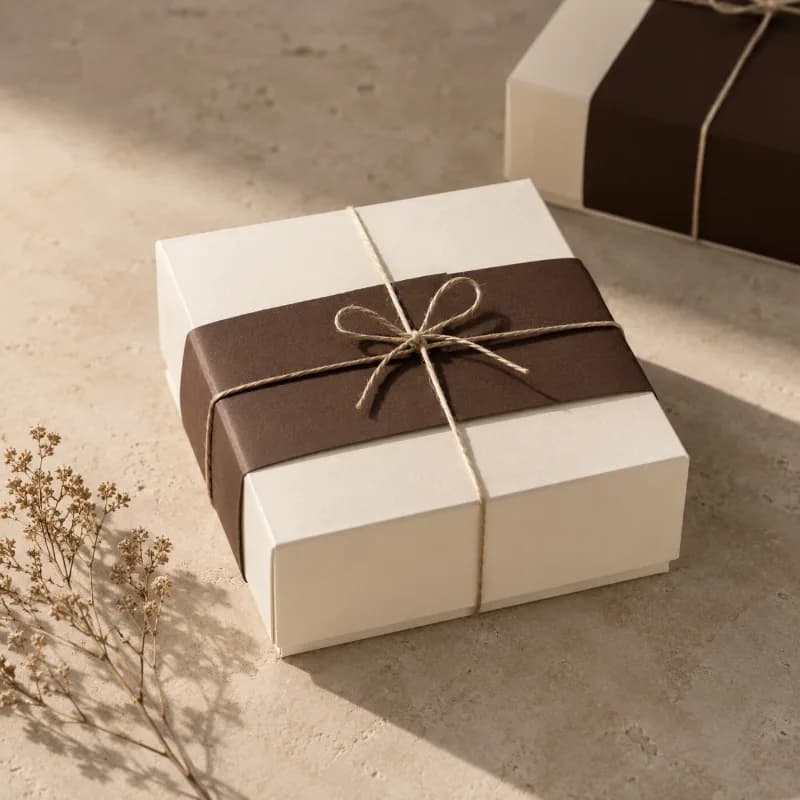 Boîte Sukrr fermée, bandeau chocolat et ficelle de lin